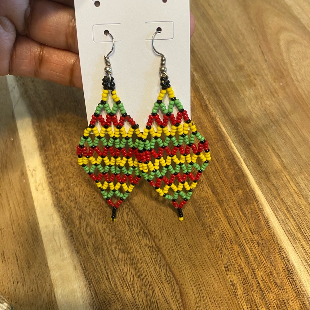 Red and Yellow Beaded Dangle Earrings with Geometric Design